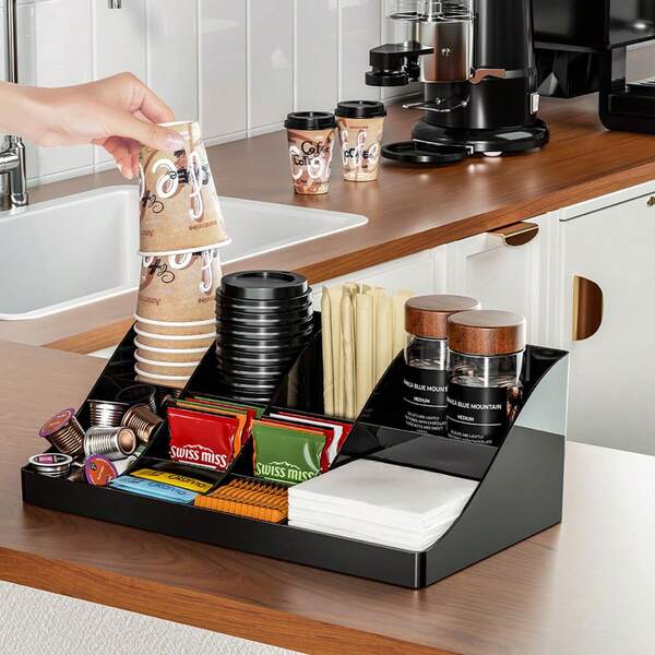 1pc Black/White Desktop Coffee Capsule Organizer, Paper Cup Holder, Coffee Bar Decor, Storage & Organization, Disposable Cup & Utensil Integrated Storage Box, Suitable For Kitchen, Office Desk, Dorm Room Organization
