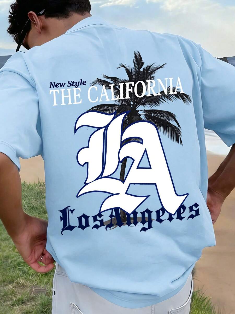 男童寬鬆圖案T恤，加州棕櫚樹與「LA」印花，「THE CALIFORNIA」標語，休閒寬鬆版型，適合開學與夏季穿著 - 淺藍色 - 查看 1