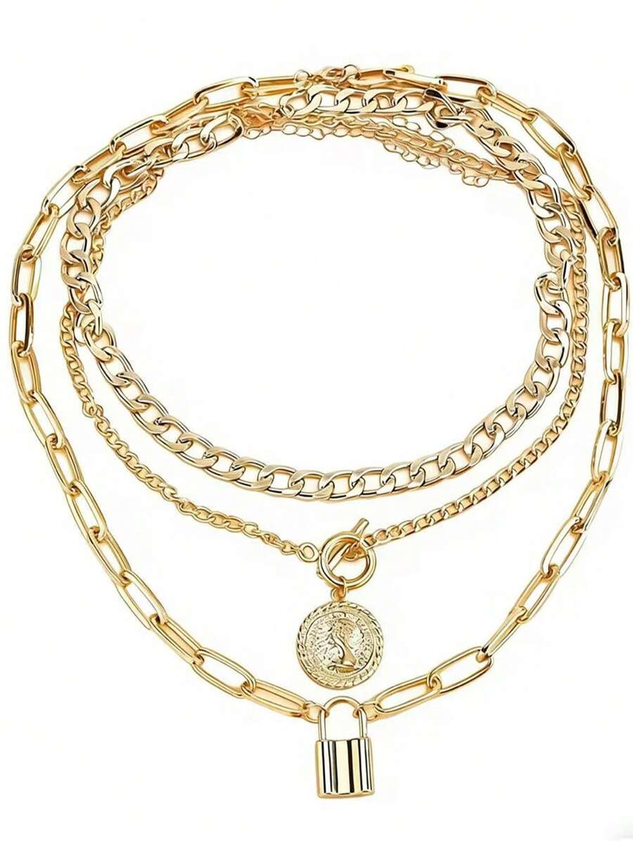 Women's Fashion Creative Embossed Round Pendant Necklace, Retro Minimalist Gold Small Lock Charm Necklace Set - Multicolor - View 1