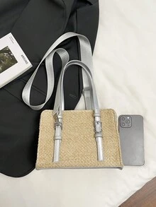 Dedoo 简约清新撞色编织纹理草编包,春夏小巧单肩手提包,可拆卸宽肩带,可斜挎或手提,适合日常通勤和购物 - 銀色 - 查看 11