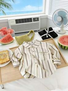 Breathable Loose Fit Striped Baby Boy Shirt, & Lightweight Fabric - Apricot - View 5