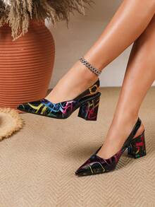 Banquet & Wedding Party Pointed Toe High Heels, Sexy Ankle Strap Sandals, Comfortable Slingback Closed Toe Block Heels - Black - View 3