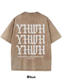 Casual Oversized Black Denim T-Shirt With YHWH Text Graphic Stylish Relaxed Fit Crew Neck Short Sleeve Fashion Top For Every Generation - màu nâu cà phê - Xem 2
