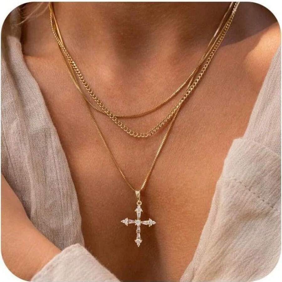 European And American Style Multi-Layered Stacked Wearing Fashion Design Sweet And Cool Personality Clavicle Chain Cross Pendant Necklace Party Banquet Send As Valentine's Day Gift First Choice - Gold - View 1