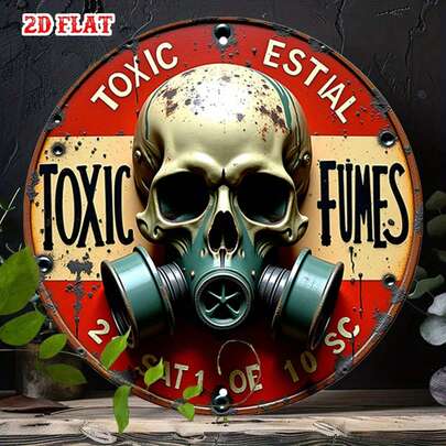 1 pieza Letrero de metal vintage "Vapores tóxicos" con gráfico de calavera y máscara de gas - Decoración de pared redonda para cafetería, casa de playa, patio trasero, arte con temática de máscara de gas, letrero de advertencia rústico de granja, diseño plano 2D con agujeros perforados previamente como se muestra