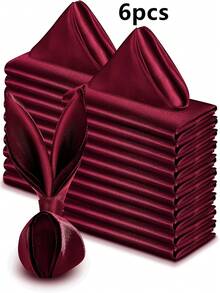 6条/12条酒红色缎面餐巾，派对婚礼装饰丝绸桌布餐垫酒店宴会生日装饰 - 酒紅色 - 查看 11