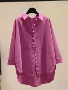 Women's Solid Color Minimalist Button-Up Shirt, Casual Everyday Wear Summer - Red Violet - View 3