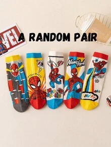 Marvel 5双装儿童超级英雄袜子，男童中筒袜，韩式卡通风格，女童袜子，超级英雄人物袜子，春夏款，漫威袜子 - 彩色 - 查看 12