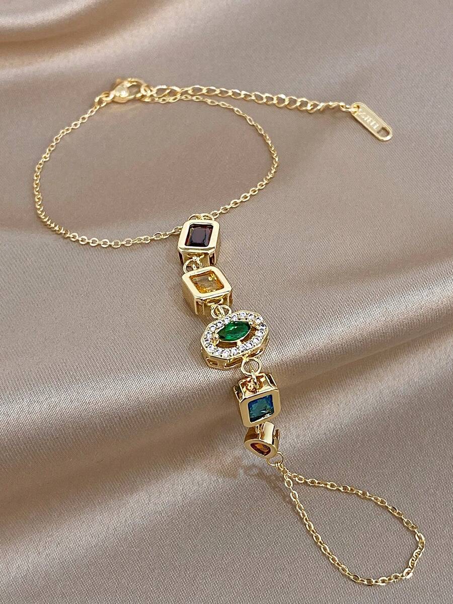 1件18K镀金多色锆石指链手链，女士不锈钢手链，适合情人节、派对、晚宴、日常佩戴、约会、狂欢节、新年、婚礼、海滩、圣诞节、周年纪念日等场合，优雅妈妈礼物，波西米亚风珠宝，生日伴娘礼物 - 彩色 - 查看 1