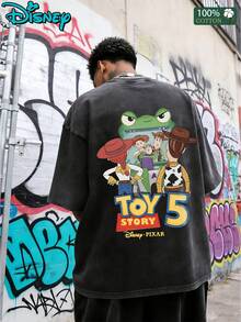Disney Pixar Toy Story 5 T-Shirt Men Washed Vintage Double Sided Print Woody Jessie Buzz Graphic Tee 100% Cotton Casual Short Sleeve Tops. - 黑色 - 查看 2