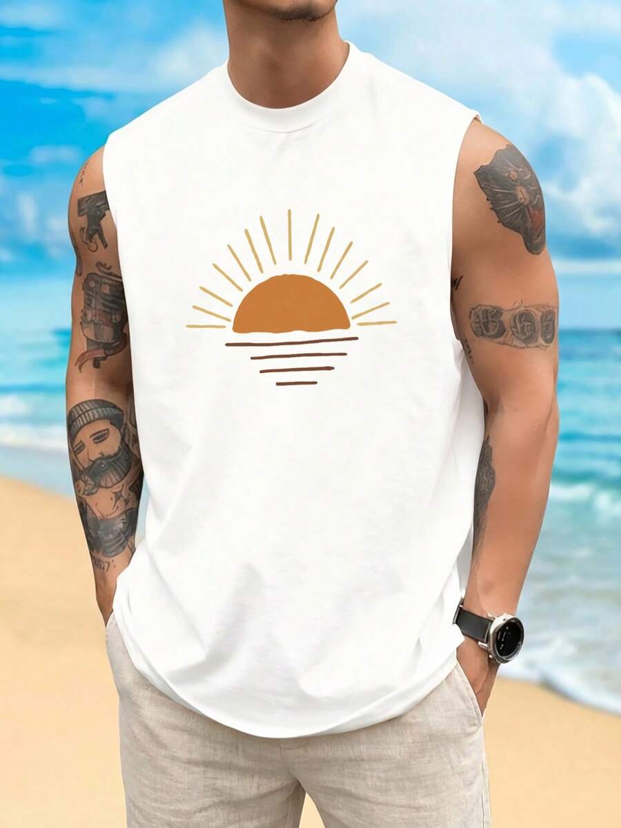 Áo tank top nam cổ tròn dáng rộng, in hình tranh phong cách tối giản lúc bình minh, hàng mới về mùa hè.