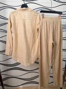Linen Shirt And Pants Set (2 Pieces), Lined With Elastic. - Apricot - View 6