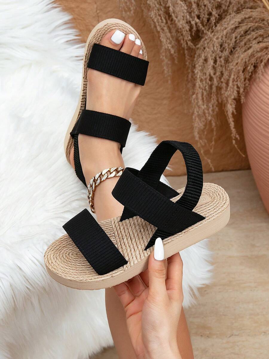 Women's Minimalist Slide Sandals, Classic Black Elastic Band Ladies Shoes, Striped Shoelace Platform Thick Sole Sandals