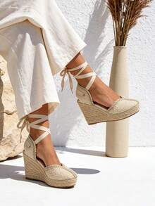 Women's Espadrille Sandals With Platform And High Wedge Heel, Comfortable High Platform And Bohemian Wedge Heel In Braided Wicker Jute Sandals, Ideal For Work, Leisure And Vacations, Versatile For Everyday Wear - 杏色 - 查看 6