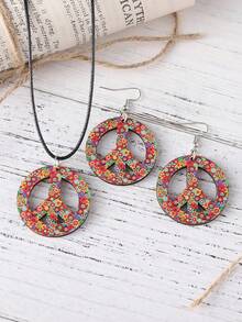 Fashion Flower Peace Pendant Necklace+Earring Set Double Sided Wooden Pendant Hippie Jewelry Women's Clothing Accessories - Multicolor - View 1