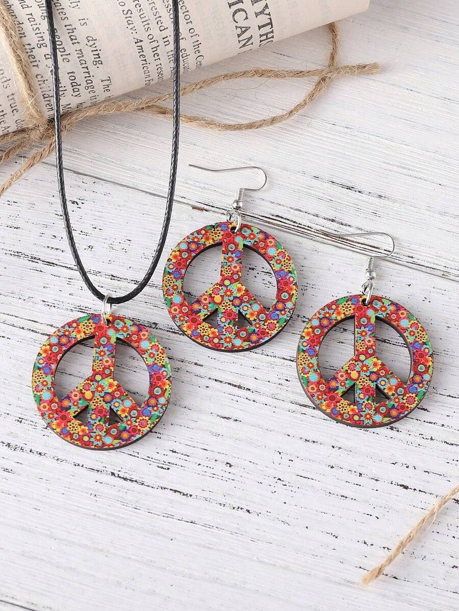 Fashion Flower Peace Pendant Necklace+Earring Set Double Sided Wooden Pendant Hippie Jewelry Women's Clothing Accessories - Multicolor - View 1