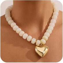 Dây chuyền hạt cườm ngoại cỡ dành cho nữ, dây chuyền choker hình trái tim bồng bềnh màu vàng, dây chuyền mặt dây chuyền hình trái tim bằng hạt nhựa nhiều màu sắc, trang sức thời trang - Ngà - Xem 4