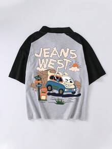 Boys' Summer New Funny Car & Letter Print Short Sleeve Polo T-Shirt, Children Summer Outfit - Grey - View 3