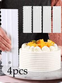 4pcs Cake Scraper Set, Plastic Serrated Cake Decorating Comb, Polished Butter Cream Frosting Cake Edge DIY Tools, Cake Icing Smoother Baking Mold, Serrated Cake Scraper Polished Texture - View 1