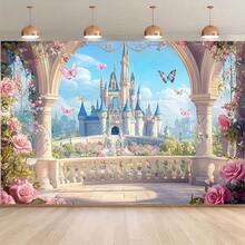 Un telón de fondo decorativo de castillo de princesa de hadas con purpurina rosa y dorada con patrón de arcoíris, sin necesidad de electricidad, pancarta multiusos para fiestas adecuada para inauguración de casa, aniversario y varias ocasiones, disponible en múltiples estilos y tamaños - e - Ver 6