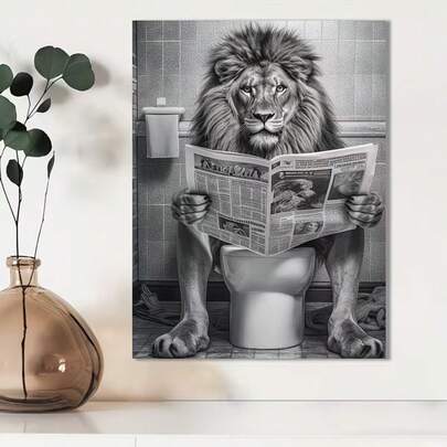 Tranh in hình sư tử đọc báo trên bồn cầu | Tranh canvas sáng tạo, tranh treo tường bằng vải, lý tưởng cho phòng ngủ, văn phòng, phòng khách, quán cà phê, trang trí nhà cửa.