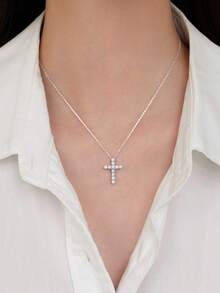 1pc S925 Sterling Silver Geometric Versatile Unique Minimalist Cubic Zirconia Cross Necklace, Suitable For Women's Daily Wear - Silver - View 9
