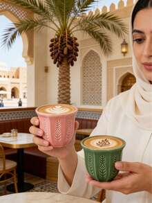 1个250毫升/8.5盎司阿拉伯陶瓷咖啡/抹茶杯 - 郁金香浮雕花卉图案马克杯，绿色、粉色和蓝色哑光釉面，适合盛装咖啡、抹茶和茶 - 彩色 - 查看 9