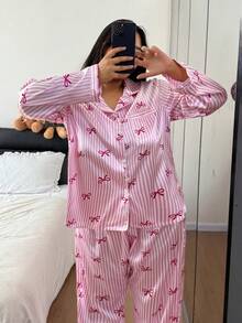 Dreamivo 2pcs Plus Size Women's Pink Striped Long Sleeve Pajama Set - Pink - View 6