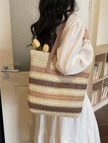 Women's Fashionable Retro Striped Straw Bag, Large Capacity Shoulder Tote Bag, Woven Bag For Summer Beach Vacations. - Khaki - View 6