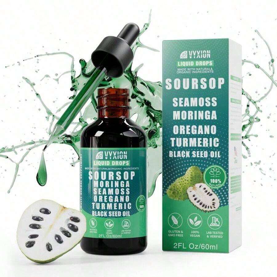 VYXION Pure Soursop 10 In 1 Liquid Drops Extract - Seamoss,Moringa,Black Seed Oil,Turmeric,Oregano Liquid Drops - Healthcare,Fitness,Natural Wellness Blend - 1PCS - 查看 1
