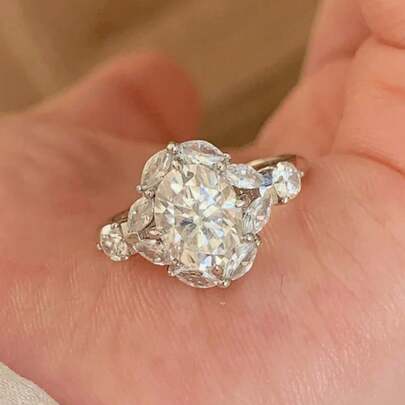 Elegant Exaggerated Dove Egg Zirconia Ring, Plated White Gold Luxury Adjustable Wedding Ring For Women