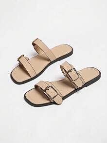 New Summer Flat Buckle Slip-On Slippers For Women, Minimalist Versatile Non-Slip Beach Sandals - Khaki - View 1