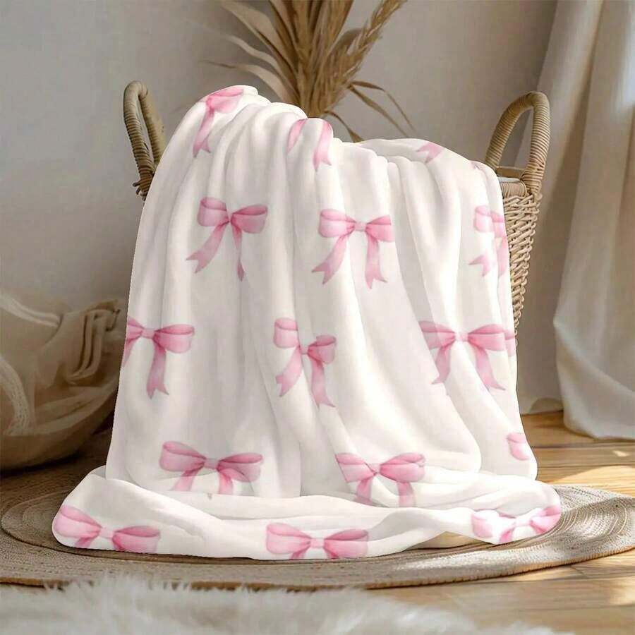 1 Piece Vintage Pink Bow Flannel Blanket - Ultra Soft Cozy Texture, Best Gifts For Her, Mother, Girl, Daughter, Best Friend, Little Friend, Boyfriend, Son, Brother, Wedding Gifts. Playful Bow Print On White, All-Season Lightweight Blanket For Bed And Sofa, Machine Washable, Ideal For Home, Office, Camping, Travel & Halloween-Christmas Decoration. - 多色 36 - 查看 1