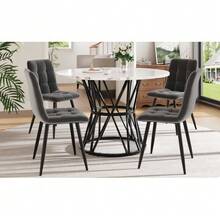 Dining Set (5 Pieces), Including A Table And Four Chairs, A Modern Kitchen Set, A Round Table 100 Cm In Diameter, Black Metal Legs, A Marble Effect MDF Top And Grey Velvet Dining Chairs. - Black - View 2