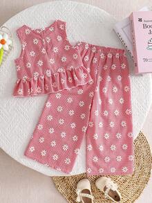 2pcs Girls Daisy Print Plaid Top And Pants Set, Summer - Red - View 3