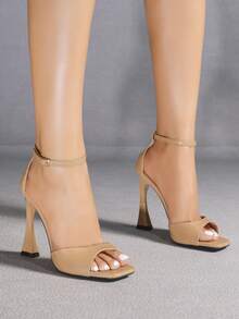 Jin Bei Qi 女士方头纯色踝带露趾户外派对细高跟凉鞋，优雅时尚，适合派对和宴会，浪漫杏色高跟鞋 - 杏色 - 查看 2