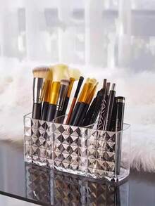 1pc Diamond Pattern Acrylic Makeup Organizer Box, 3-Compartment Pen Holder, Transparent Brush & Cosmetic Storage - Diamond Pattern 3-square - View 7