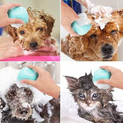 Soft Cleaning Pet Grooming Brush - Suitable For Long And Short Haired Dogs And Cats. Equipped With Shampoo Dispenser, Made Of Soft Silicone Material, Non-Slip Handle With Hanging Loop (Blue)