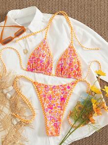 Summer Leopard Print Spaghetti Strap Tie-Up Bikini Set, Suitable For Beach Vacation - Orange Stripes - View 6