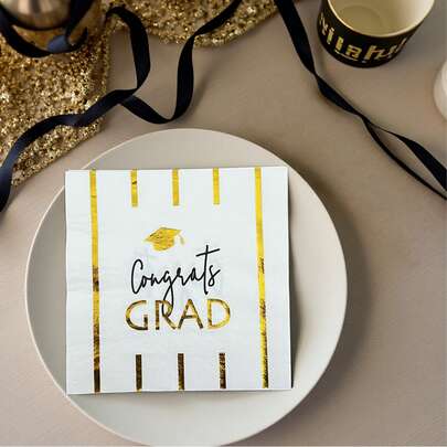 16 piezas/paquete, Servilletas elegantes para fiesta de graduación, 3 capas gruesas, se despliegan a 13*13 pulgadas, de papel suave y duradero, con impresión de lámina dorada y felicitaciones, adecuadas para celebración de fiesta de graduación, artículos esenciales para decoración de fiesta de graduación