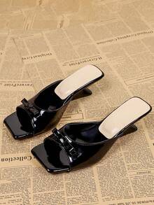 Giày sandal cao gót mũi vuông màu đen thắt nơ dành cho nữ, kiểu dép hở gót đa năng thoải mái cho mùa hè. - màu đen - Xem 2
