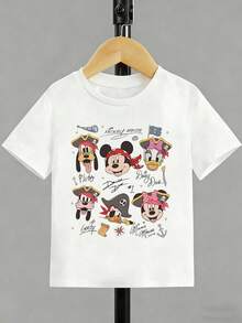 Disney Shining Boy  Mickey Mouse, Pirate Themed Cartoon Print, Casual And Simple Short Sleeved T-Shirt, Suitable For Spring And Summer Seasons, Suitable For Boys And Girls To Wear. Festival Gift - 白色 - 查看 2