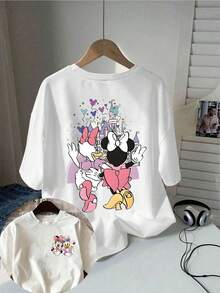 Disney Classic Cartoon Minnie Daisy Double-Sided Printed T-Shirt, Short Sleeved Round Neck Casual Top, Suitable For Summer And Spring, Short Sleeved Top, Women's Clothing - 白色 - 查看 6