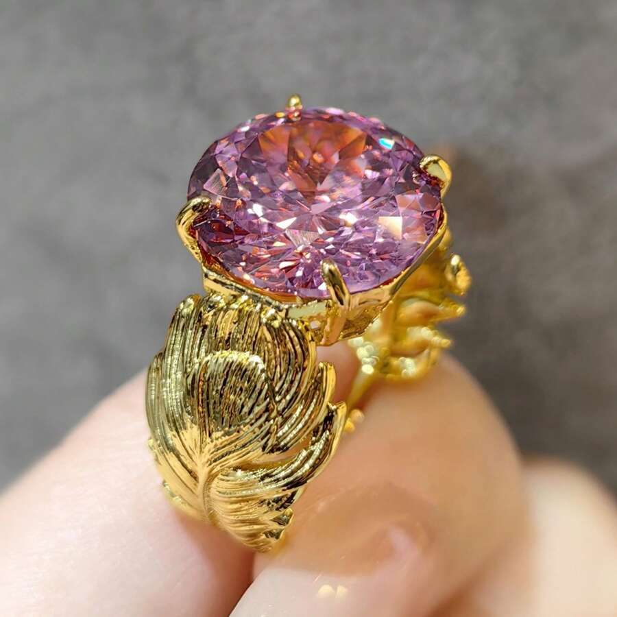 Nhẫn hình lông vũ cổ điển thanh lịch với đá Zirconia hàm lượng carbon cao, mạ vàng 18K, kiểu dáng Pháp retro, nhẫn đính hôn dành cho nữ. - Vàng - Xem 1