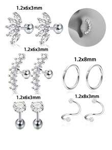 10 piezas Pendientes de aro pequeños en espiral de acero inoxidable de 16G, pendientes de aro unisex con circonita cúbica para perforación del cartílago de la oreja - Modelo plateado - Ver 5