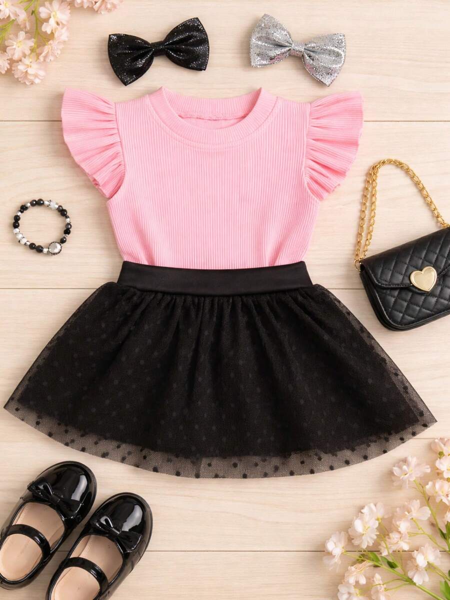 Girls' Outfit Set: Tulle Shorts Skirt With Ruffle And Cropped Top With Ruffled Frills, Pleated, Spring And Summer CJI043 - Black and Baby Pink - View 1
