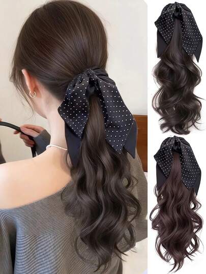 New Ribbon Polka Dot Bow Claw Clip Curly Ponytail, Korean Style Long Curly Hair Ponytail Wig Summer Hair Accessories Beach Hair Claws Vacay Hair Clips