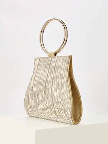 Gold Rhinestone Beaded Clutch With Metal Ring Handle - Gold - View 7