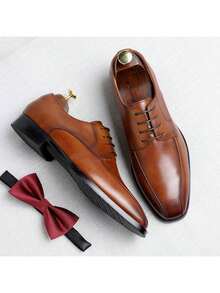 Distressed Square Toe Lace-Up Leather Shoes Men, Derby Dress Shoes For Plus Size Men, Business Polyester Lace-Up Office Shoes, All Season - Brown - View 9