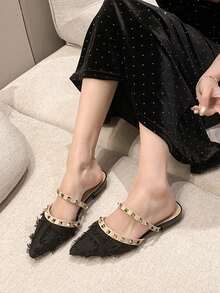 Women's Flat Slip-On Shoes With Rivets, Chunky Heel, Closed Toe, New Style Suitable For Dresses, Pointed Toe Low Heel Rhinestone Soft Leather Mules - Black - View 3